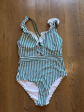 Woman’s size 10 Green and White Stripe One-Piece Swimsuit - Ruffle V-Neck